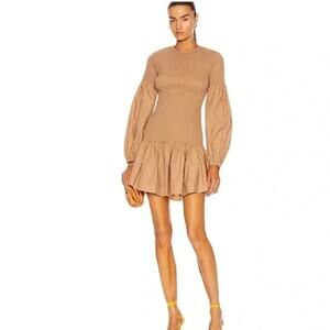 A.L.C Women’s Brown Smocked Ruffled Long Sleeve Drop Waist Dress Size 6 NWT